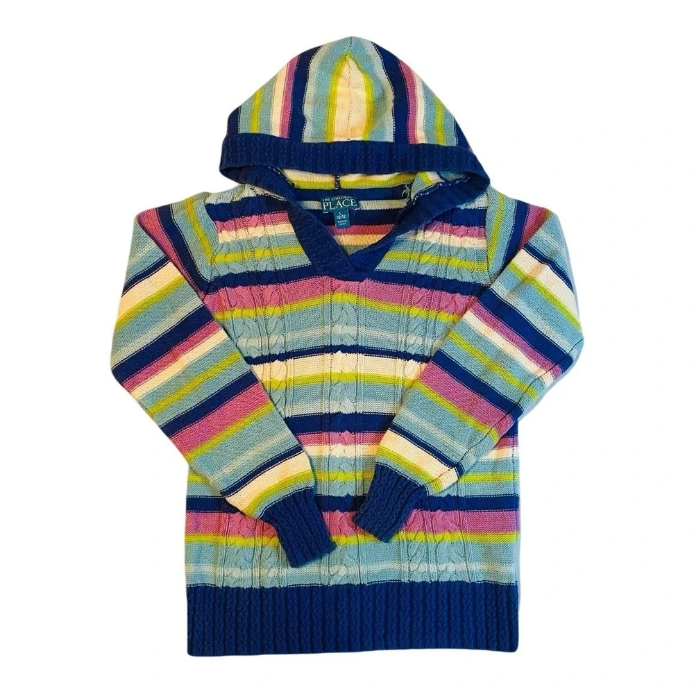 The Children's Place Striped Cable Knit Hooded Sweater Girls L 10/12 Blue Pink